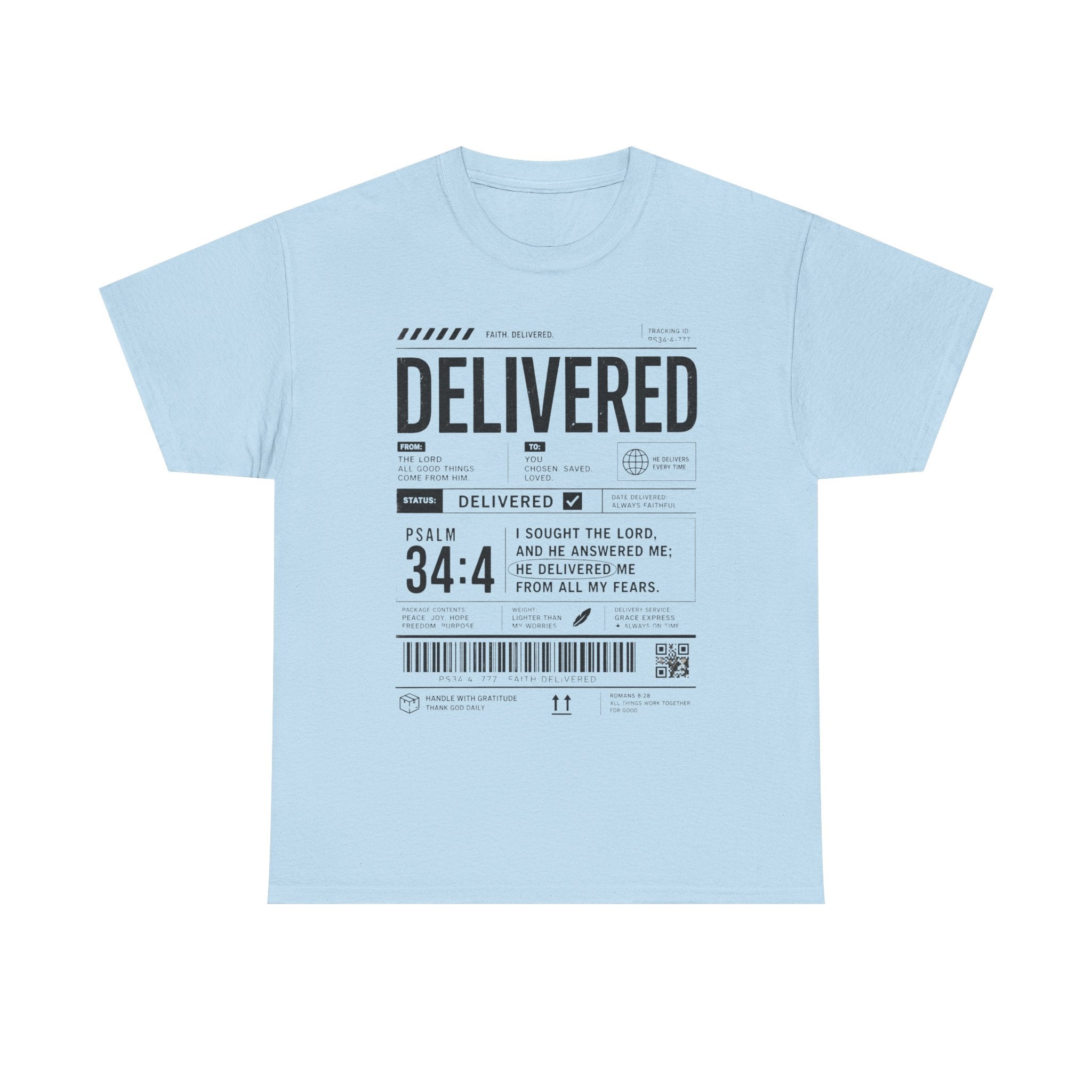 Delivered Graphic Tee — Inspirational Psalm 34:4 Christian T-Shirt
