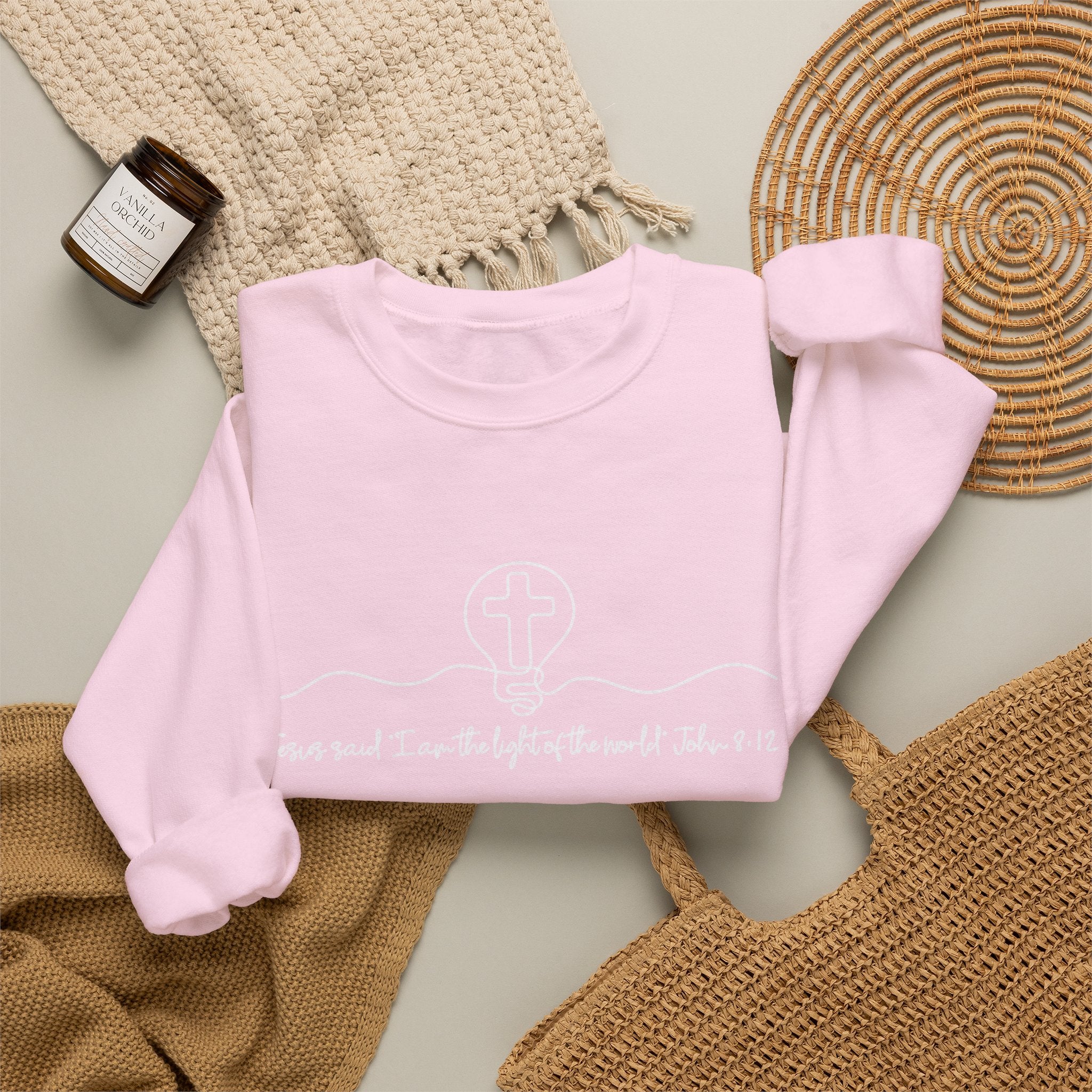 Christian Crewneck Sweatshirt "I AM the Light" Cross Pullover, John 8:12 Scripture Apparel, Faith Graphic Sweatshirt
