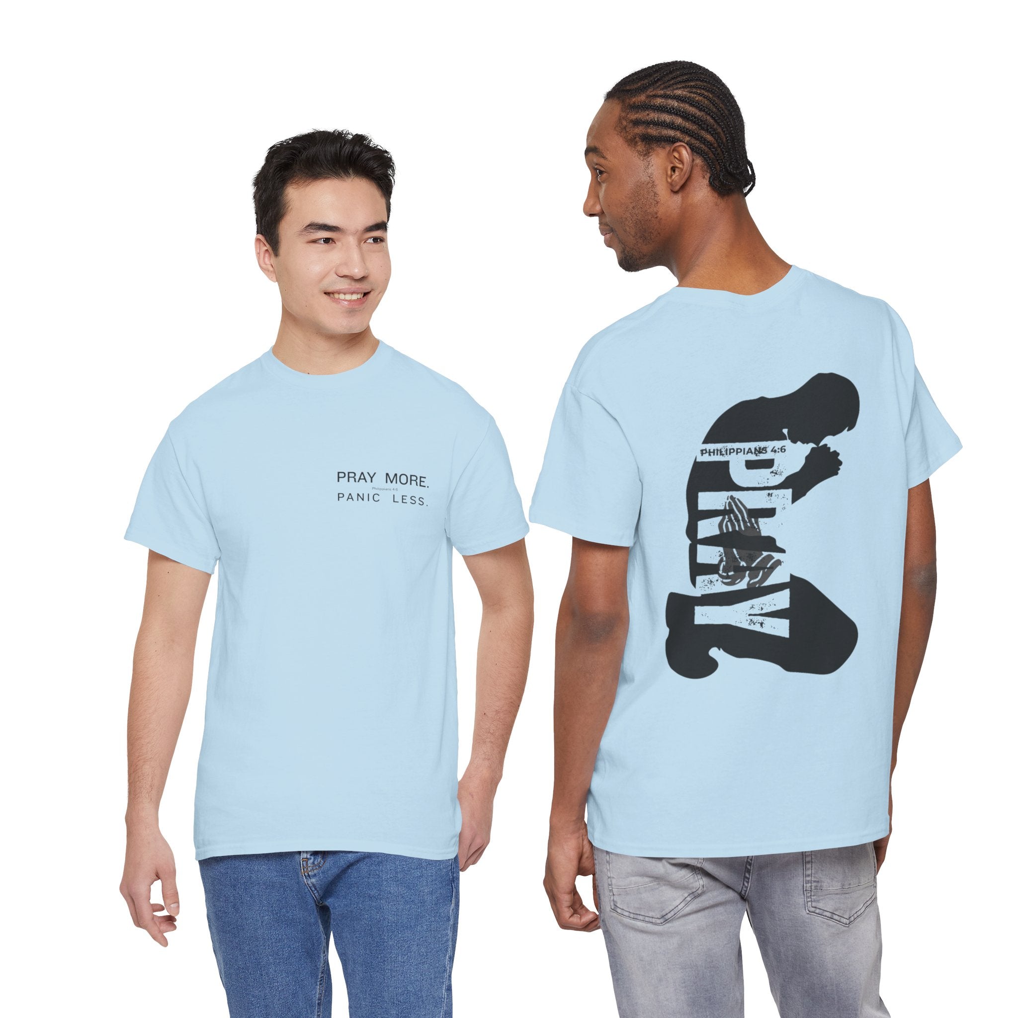 Pray More Tee — "Pray More, Panic Less" Christian Graphic T-Shirt