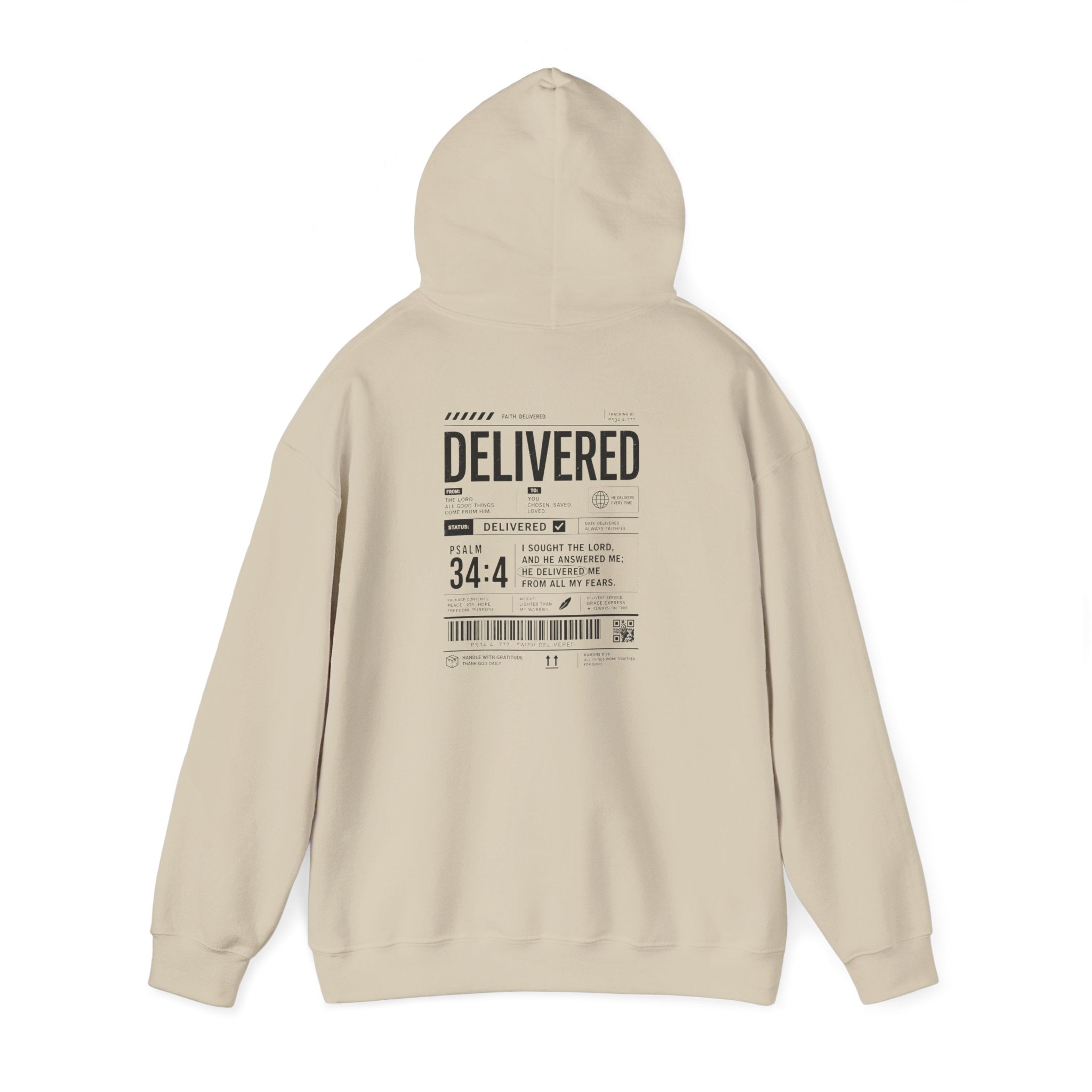 Christian Graphic Hoodie 'Delivered' Shipping Label Pullover, Faith-Based Streetwear Sweatshirt