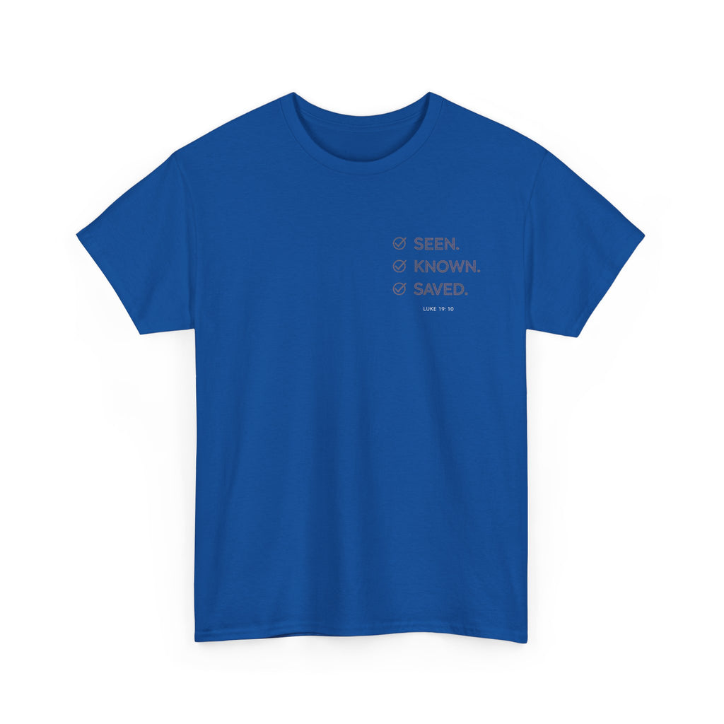 Black Text-Pattern T-Shirt — Seen Known Saved Christian Typography Graphic Tee