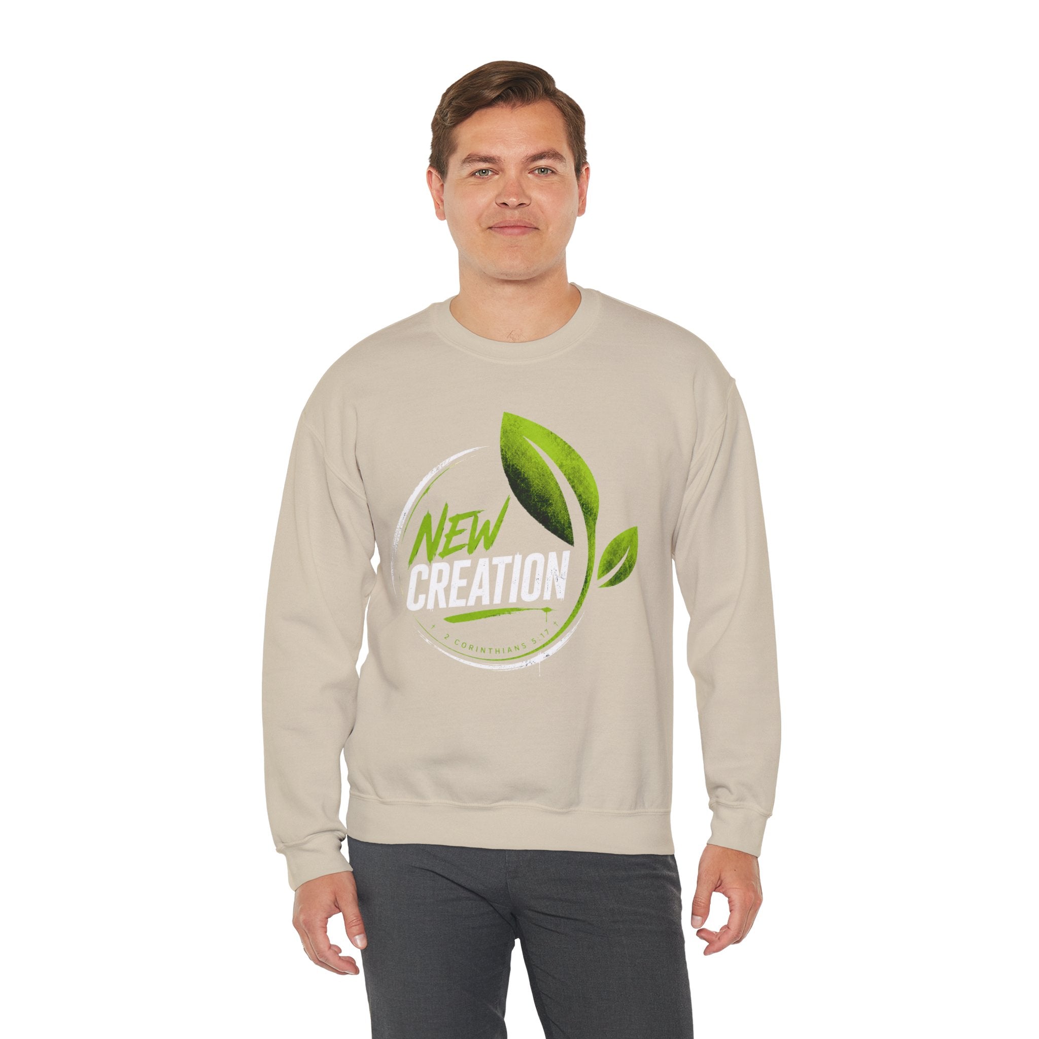 Christian Crewneck Sweatshirt "New Creation" Pullover, 2 Corinthians 5:17 Scripture Apparel, Green Leaf Graphic Sweatshirt