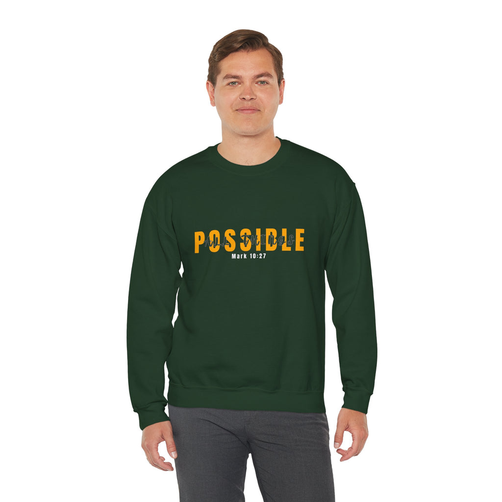 Christian Crewneck Sweatshirt "Possible" Pullover, Mark 10:27 Scripture Apparel, All Things Are Possible Faith Graphic Sweatshirt