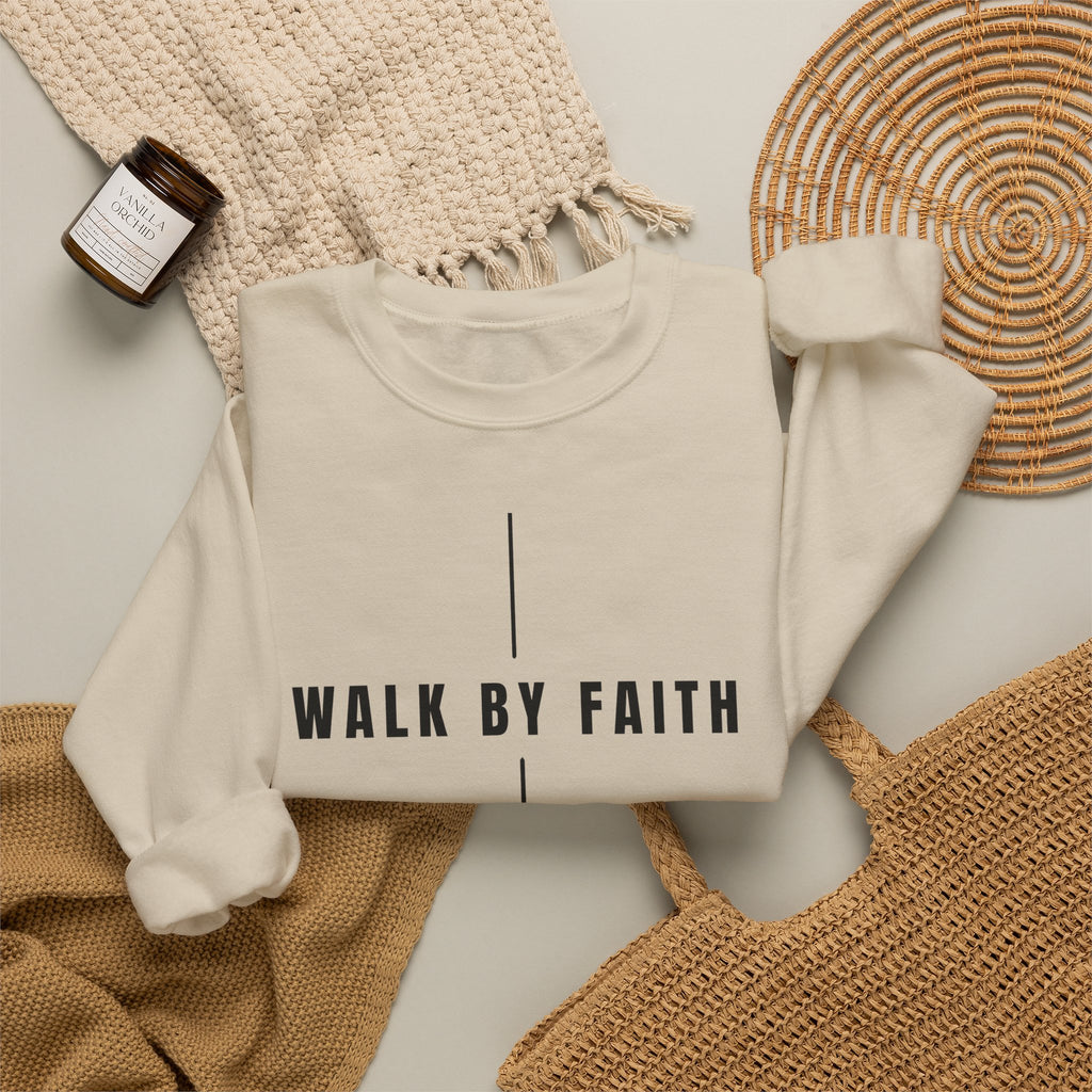 Christian Crewneck Sweatshirt "Walk By Faith" Pullover, 2 Corinthians 5:7 Apparel, Minimalist Faith Graphic Sweatshirt