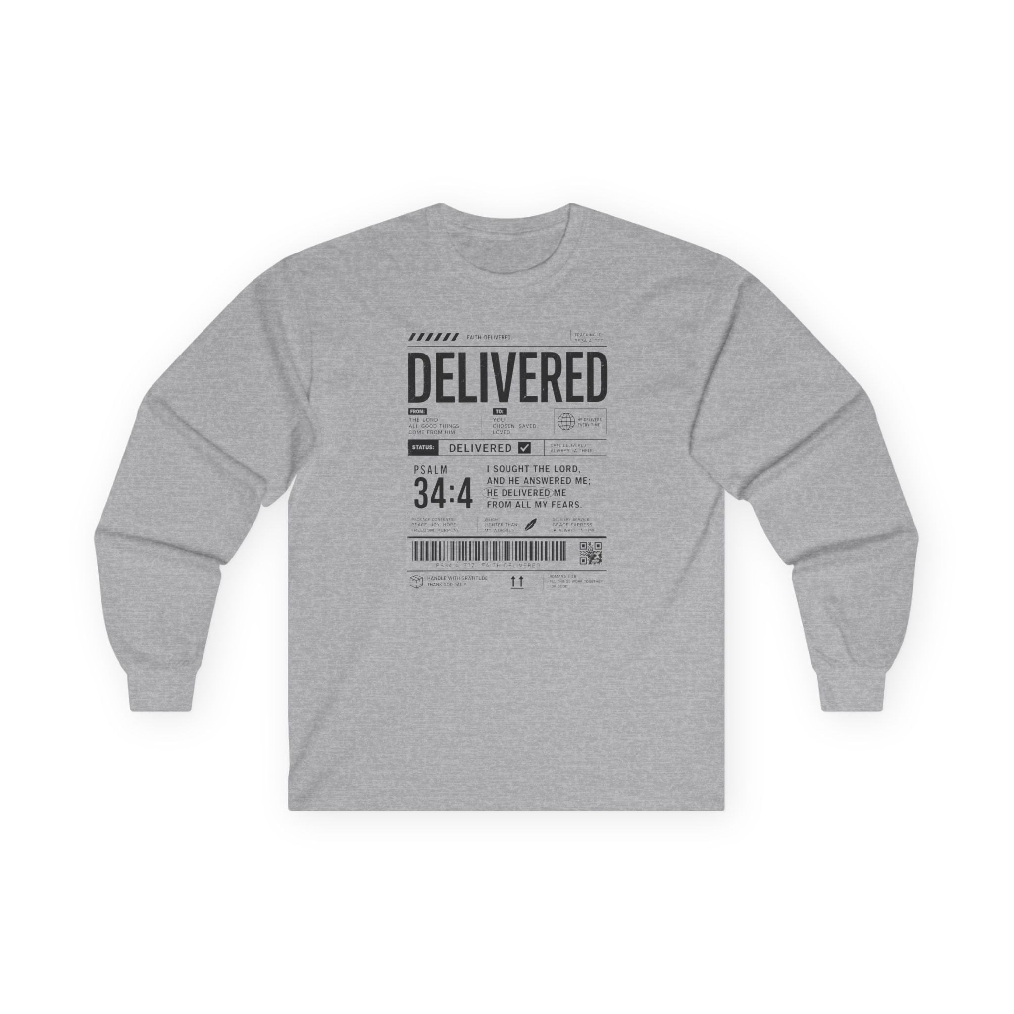 Long Sleeve Christian Tee — 'Delivered' Shipping Label Graphic