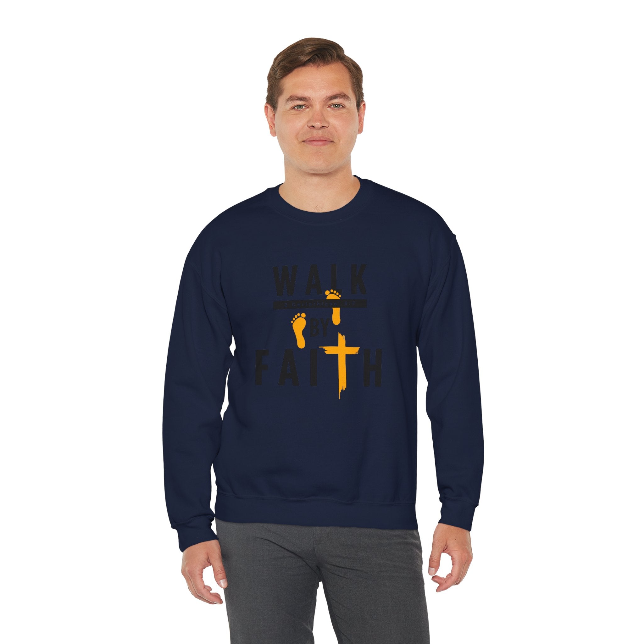 Christian Crewneck Sweatshirt "Walk By Faith" Pullover, 2 Corinthians 5:7 Apparel, Inspirational Faith Graphic Sweatshirt