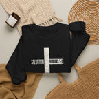 Christian Crewneck Sweatshirt "Salvation" Romans 5:8 Pullover, White Cross Graphic Apparel, Rustic Style Faith Sweatshirt