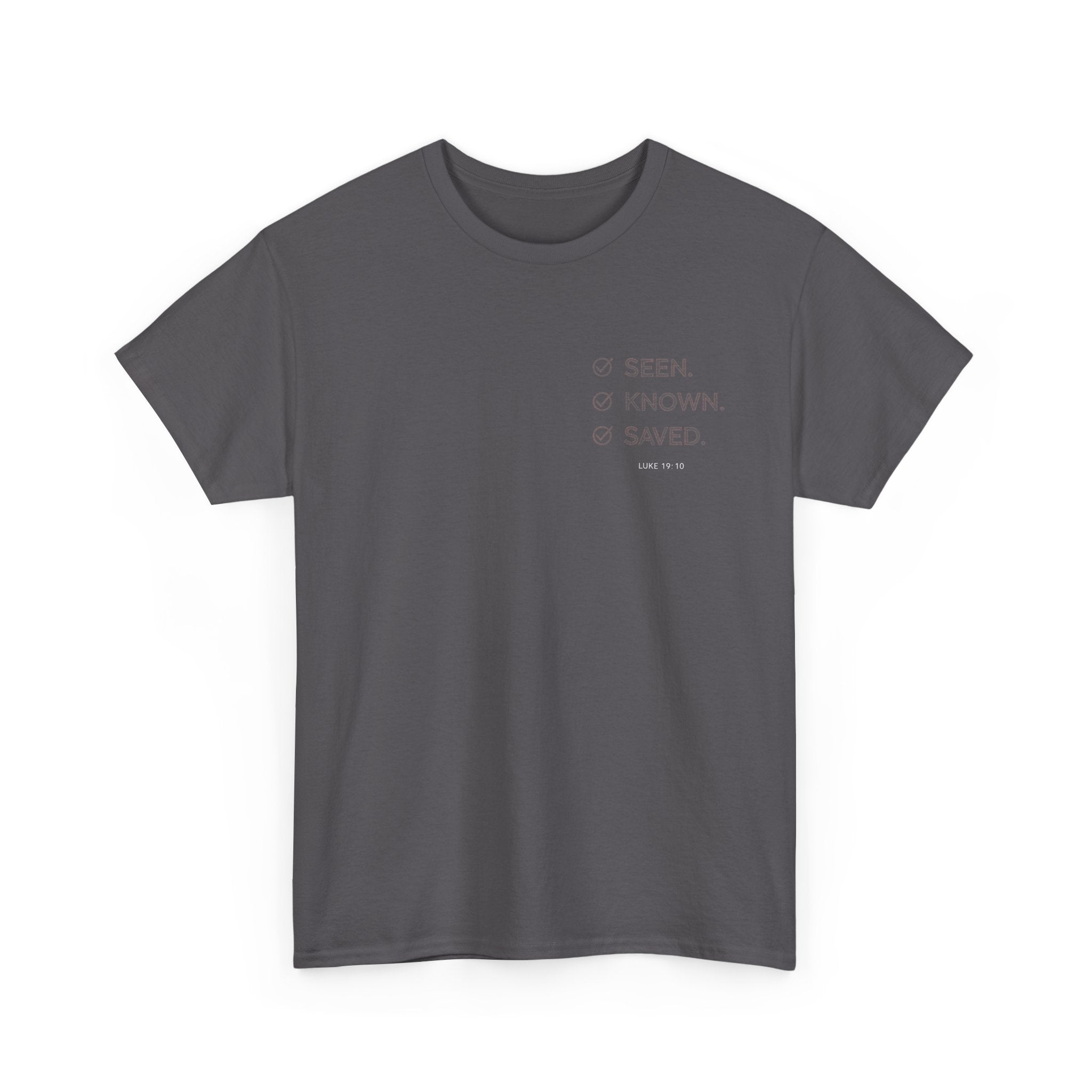 Black Text-Pattern T-Shirt — Seen Known Saved Christian Typography Graphic Tee