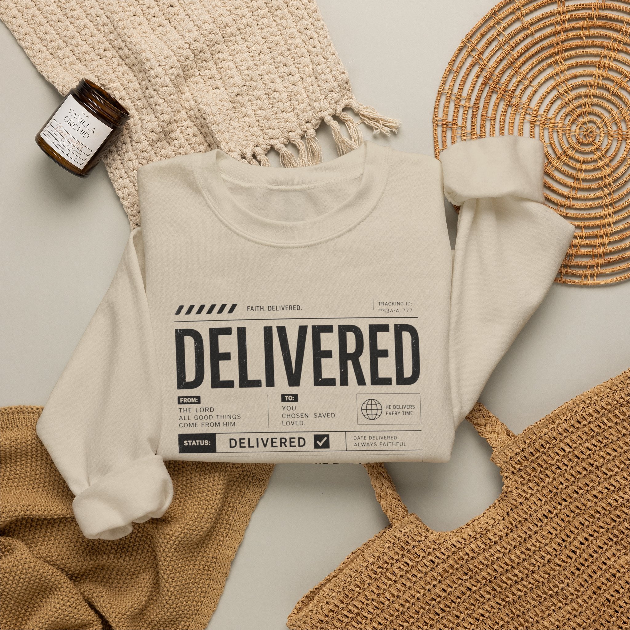 Delivered Sweatshirt — 'Delivered' Typography Crewneck with Psalm 34:4 Design