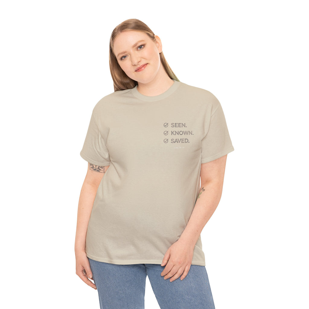 Black Text-Pattern T-Shirt — Seen Known Saved Christian Typography Graphic Tee
