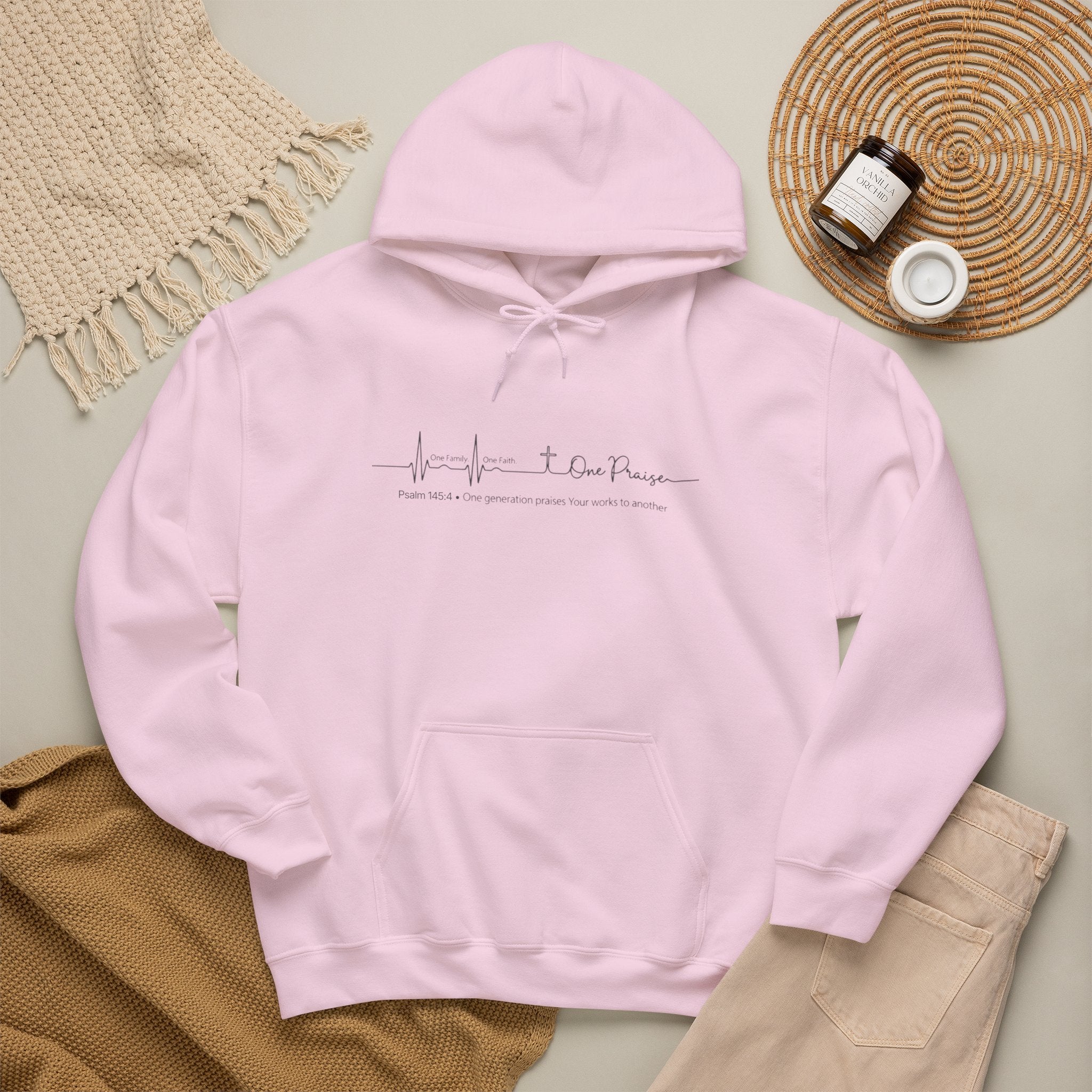 Hoodie "One Faith One Family One Praise" Minimal Heartbeat Faith Script - White Pullover