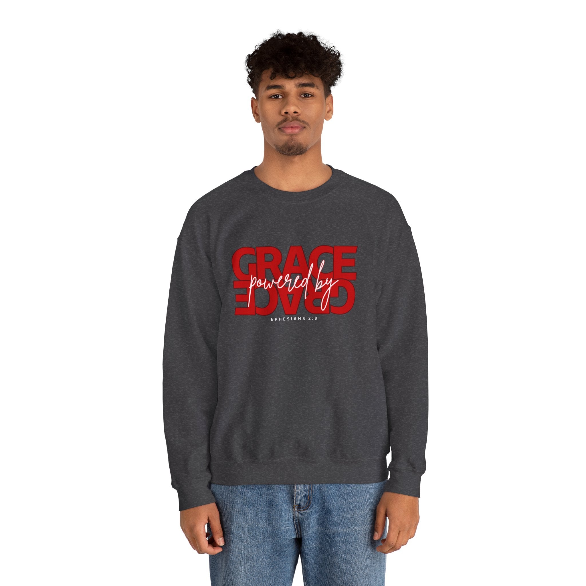 Crewneck Sweatshirt — "Grace Powered By God" Christian Faith Pullover (Ephesians 2:8)