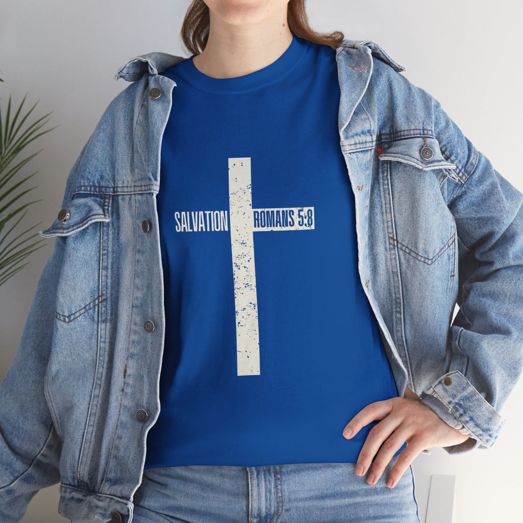 Christian Cross T-Shirt — "Salvation Romans 5:8" Faith Tee