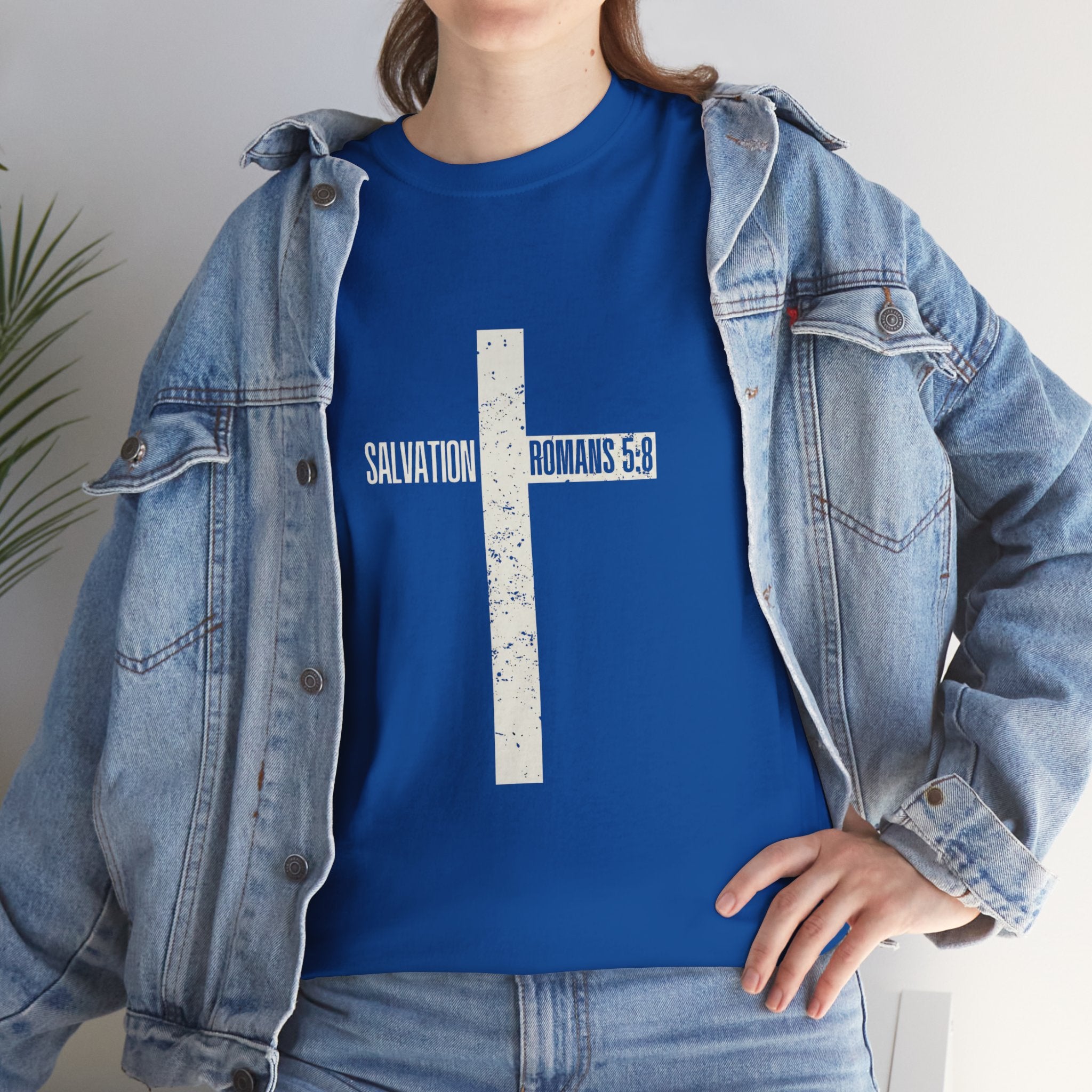 Christian Cross T-Shirt — "Salvation Romans 5:8" Faith Tee