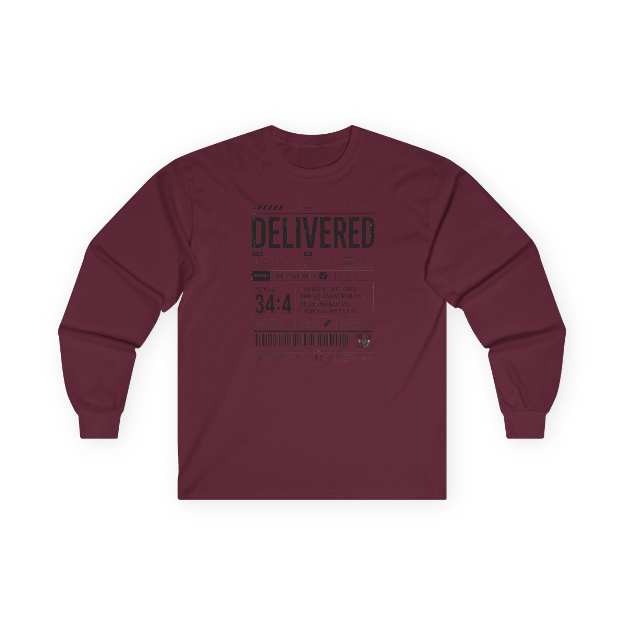 Long Sleeve Christian Tee — 'Delivered' Shipping Label Graphic