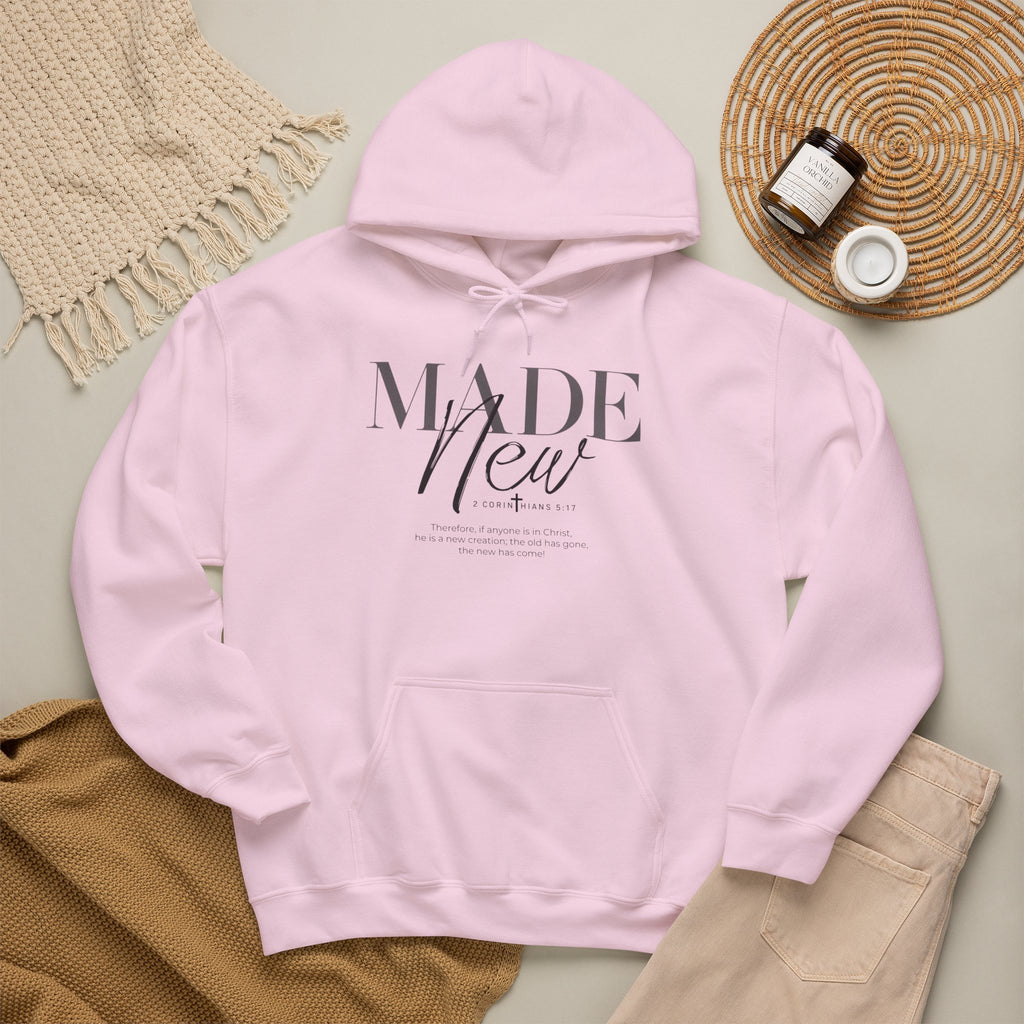Minimalist Hoodie "Made New" Front Print Pullover, Inspirational Christian Sweatshirt, Aesthetic Faith Clothing
