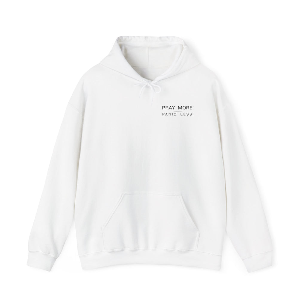 Minimal 'Pray More, Panic Less' Hoodie — Monochrome Graphic Back Print