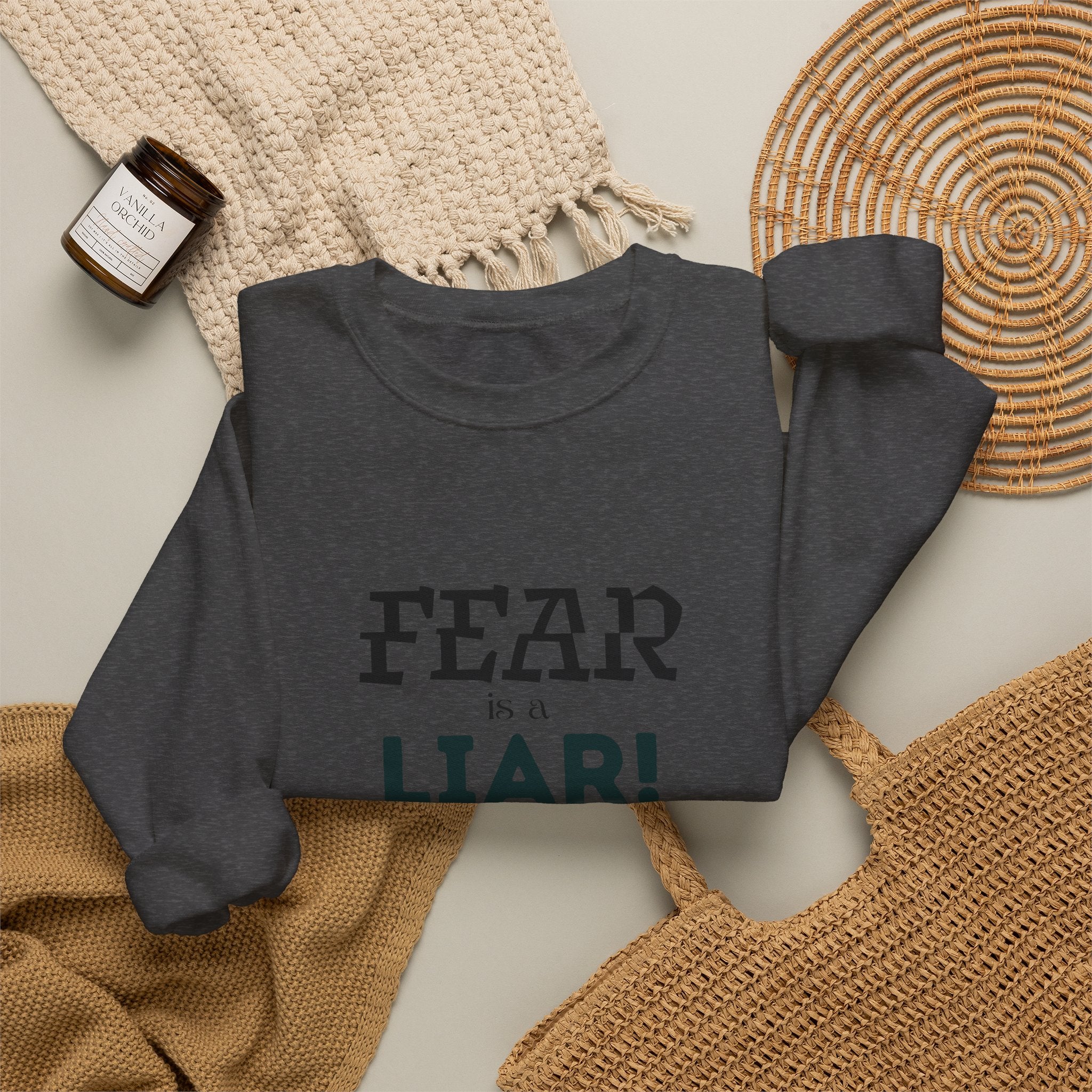Inspirational Crewneck Sweatshirt "Fear is a Liar" Pullover, Positive Mindset Apparel, Motivational Faith Graphic Sweatshirt