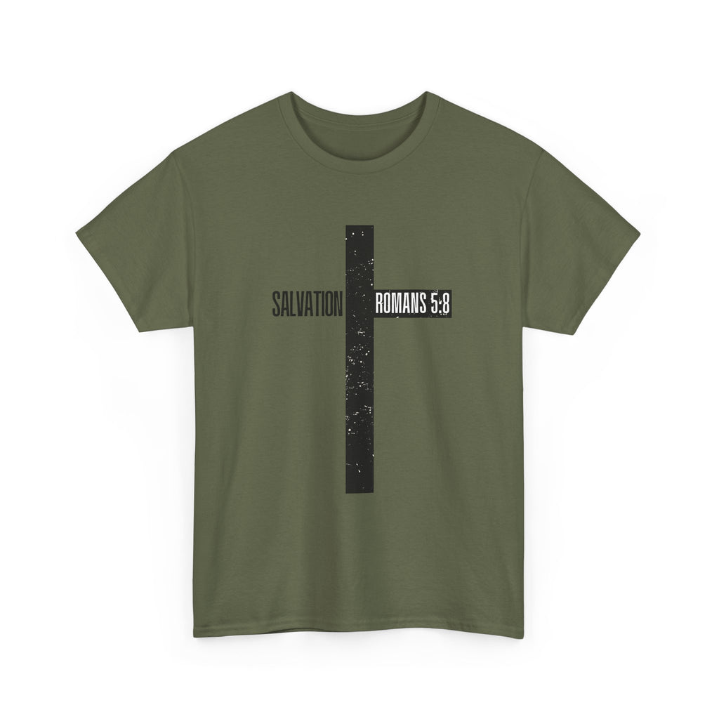 Christian Cross T-Shirt — "Salvation Romans 5:8" Faith Tee