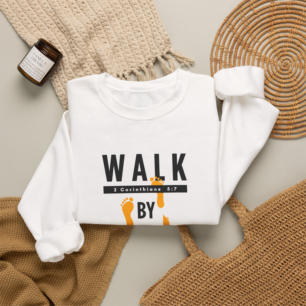 Christian Crewneck Sweatshirt "Walk By Faith" Pullover, 2 Corinthians 5:7 Apparel, Inspirational Faith Graphic Sweatshirt