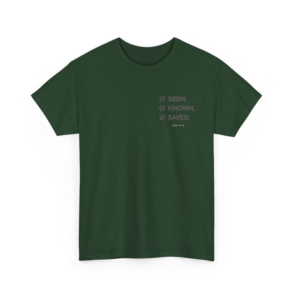 Black Text-Pattern T-Shirt — Seen Known Saved Christian Typography Graphic Tee