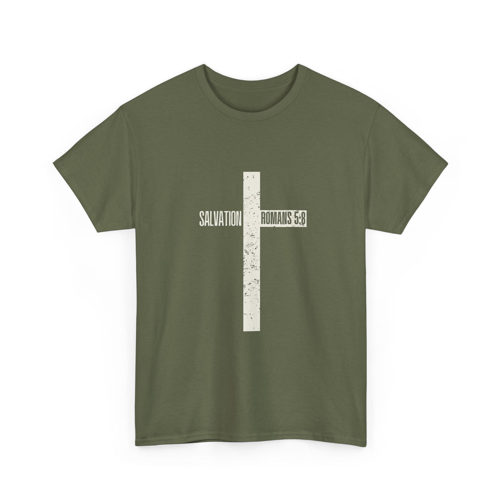 Christian Cross T-Shirt — "Salvation Romans 5:8" Faith Tee