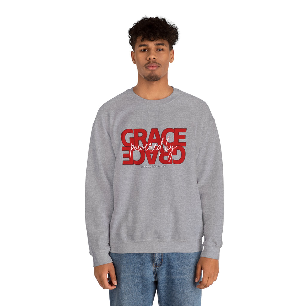 Crewneck Sweatshirt — "Grace Powered By God" Christian Faith Pullover (Ephesians 2:8)