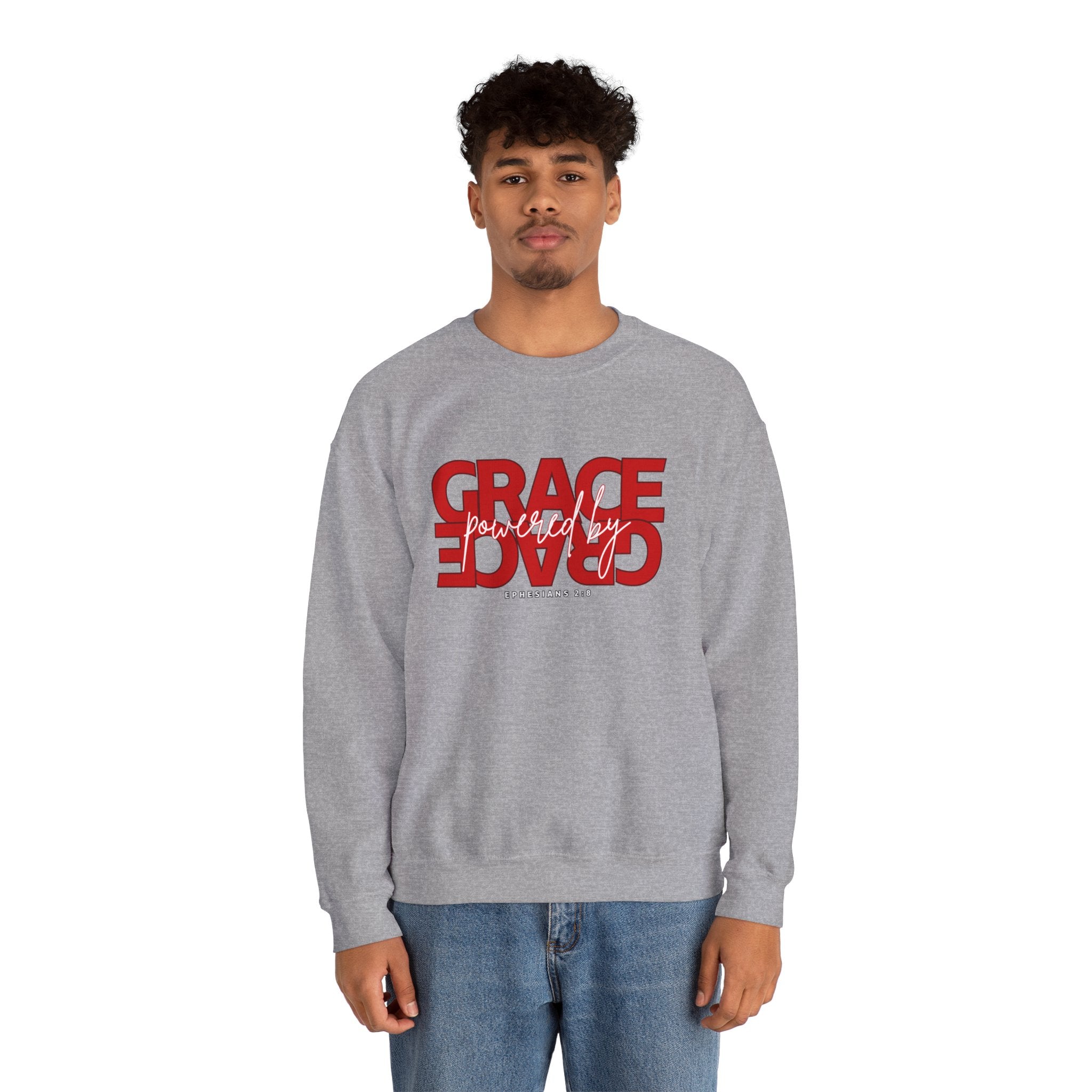 Crewneck Sweatshirt — "Grace Powered By God" Christian Faith Pullover (Ephesians 2:8)
