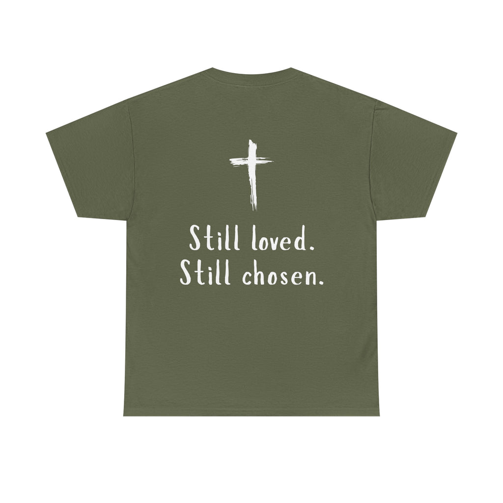Christian Tee — "Not Perfect, Forgiven" Romans 5:8 Graphic T-Shirt (Still Loved / Still Chosen)