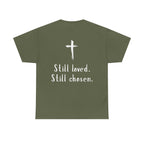 Christian Tee — "Not Perfect, Forgiven" Romans 5:8 Graphic T-Shirt (Still Loved / Still Chosen)