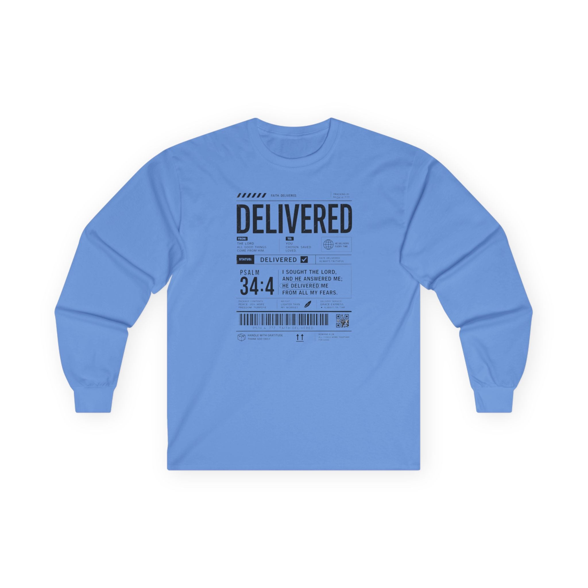 Long Sleeve Christian Tee — 'Delivered' Shipping Label Graphic
