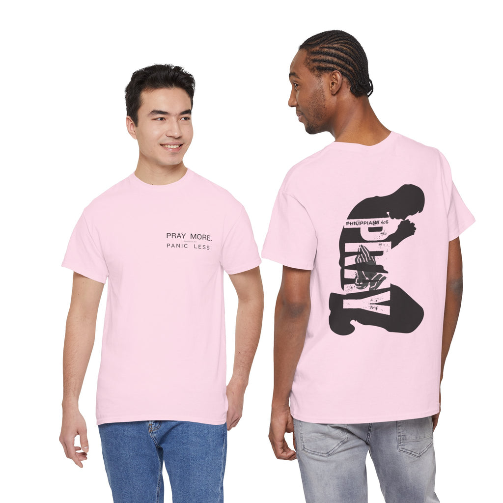Pray More Tee — "Pray More, Panic Less" Christian Graphic T-Shirt
