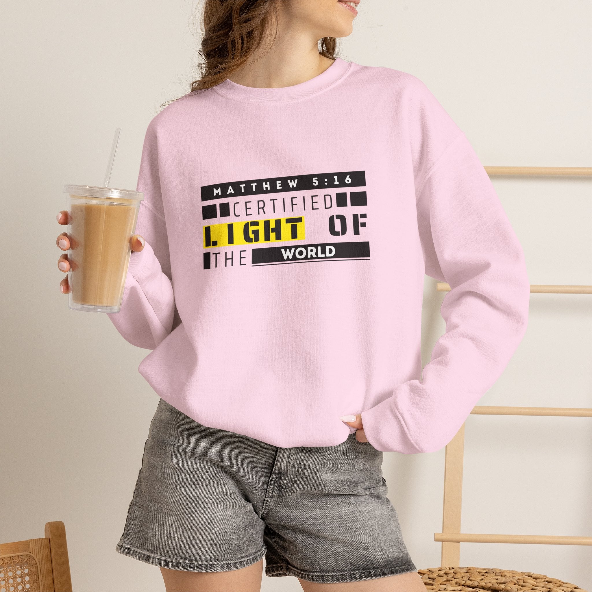 Christian Crewneck Sweatshirt "Certified Light of the World" Pullover, Matthew 5:14 Scripture Apparel, Trendy Faith Graphic Sweatshirt