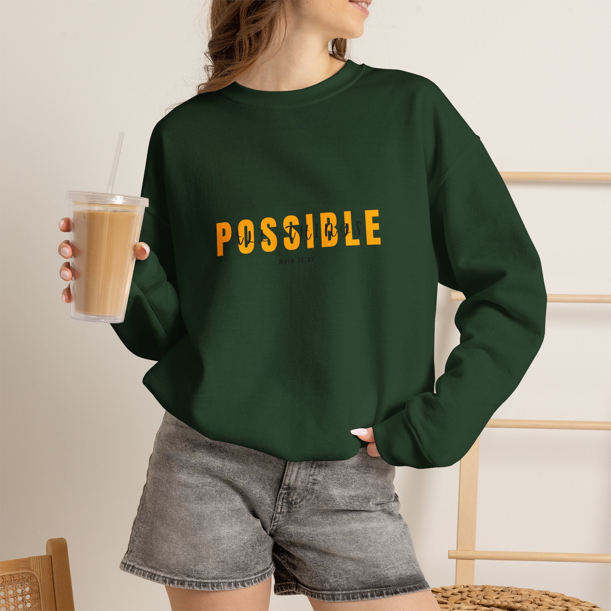 Christian Crewneck Sweatshirt "All Things Possible" Pullover, Inspirational Scripture Apparel, Faith Typography Graphic Sweatshirt