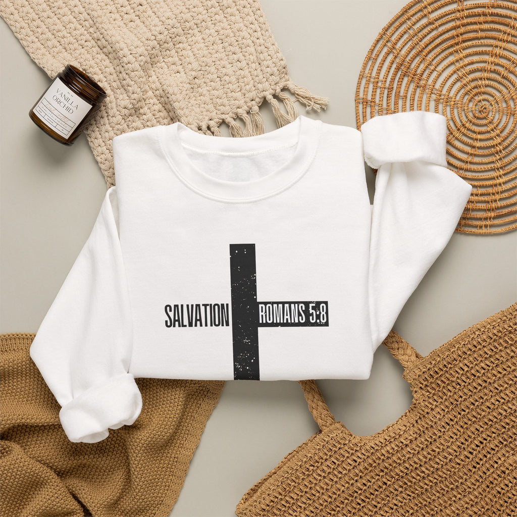 Christian Crewneck Sweatshirt "Salvation" Romans 5:8 Pullover, Jesus Cross Apparel, Faith Grace Graphic Sweatshirt