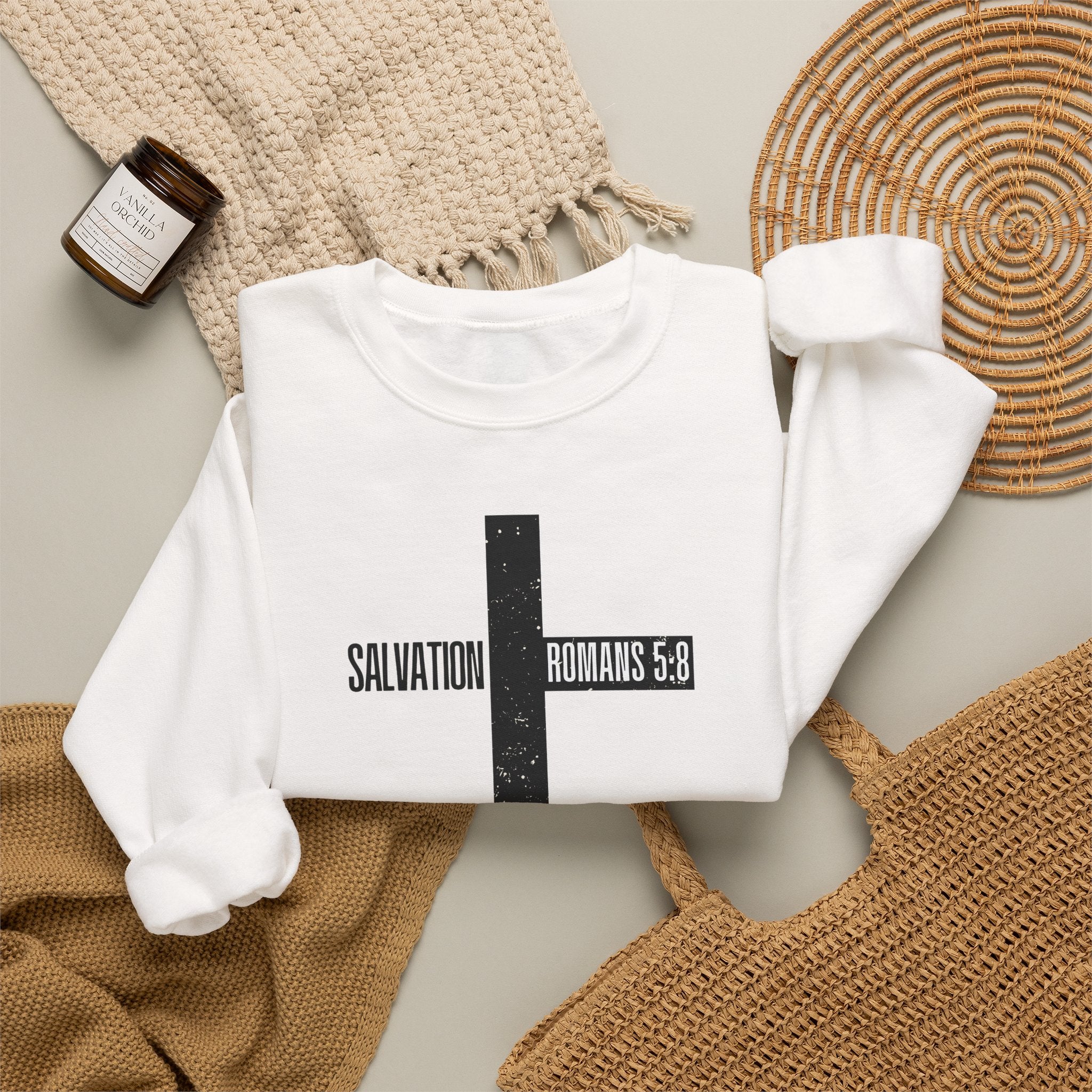 Christian Crewneck Sweatshirt "Salvation" Romans 5:8 Pullover, Jesus Cross Apparel, Faith Grace Graphic Sweatshirt
