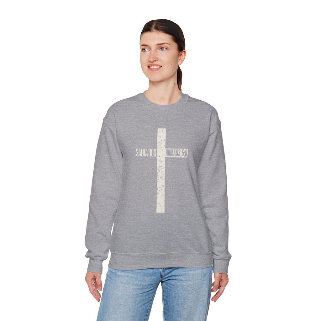 Christian Crewneck Sweatshirt "Salvation" Romans 5:8 Pullover, White Cross Graphic Apparel, Rustic Style Faith Sweatshirt
