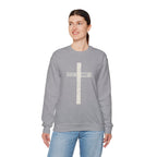 Christian Crewneck Sweatshirt "Salvation" Romans 5:8 Pullover, White Cross Graphic Apparel, Rustic Style Faith Sweatshirt