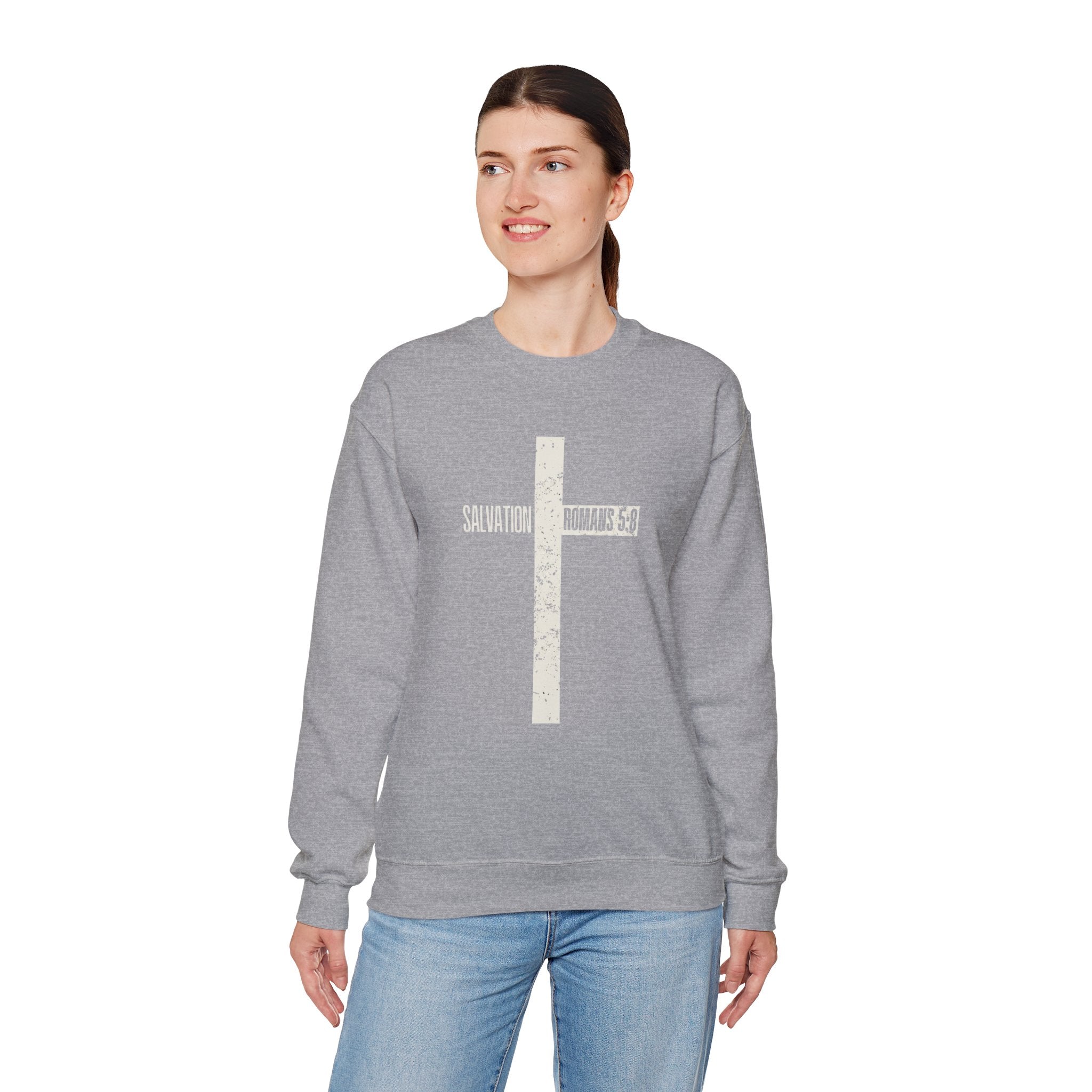 Christian Crewneck Sweatshirt "Salvation" Romans 5:8 Pullover, White Cross Graphic Apparel, Rustic Style Faith Sweatshirt