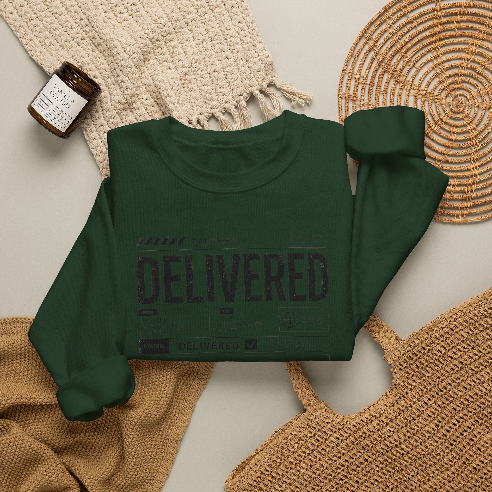 Delivered Sweatshirt — 'Delivered' Typography Crewneck with Psalm 34:4 Design