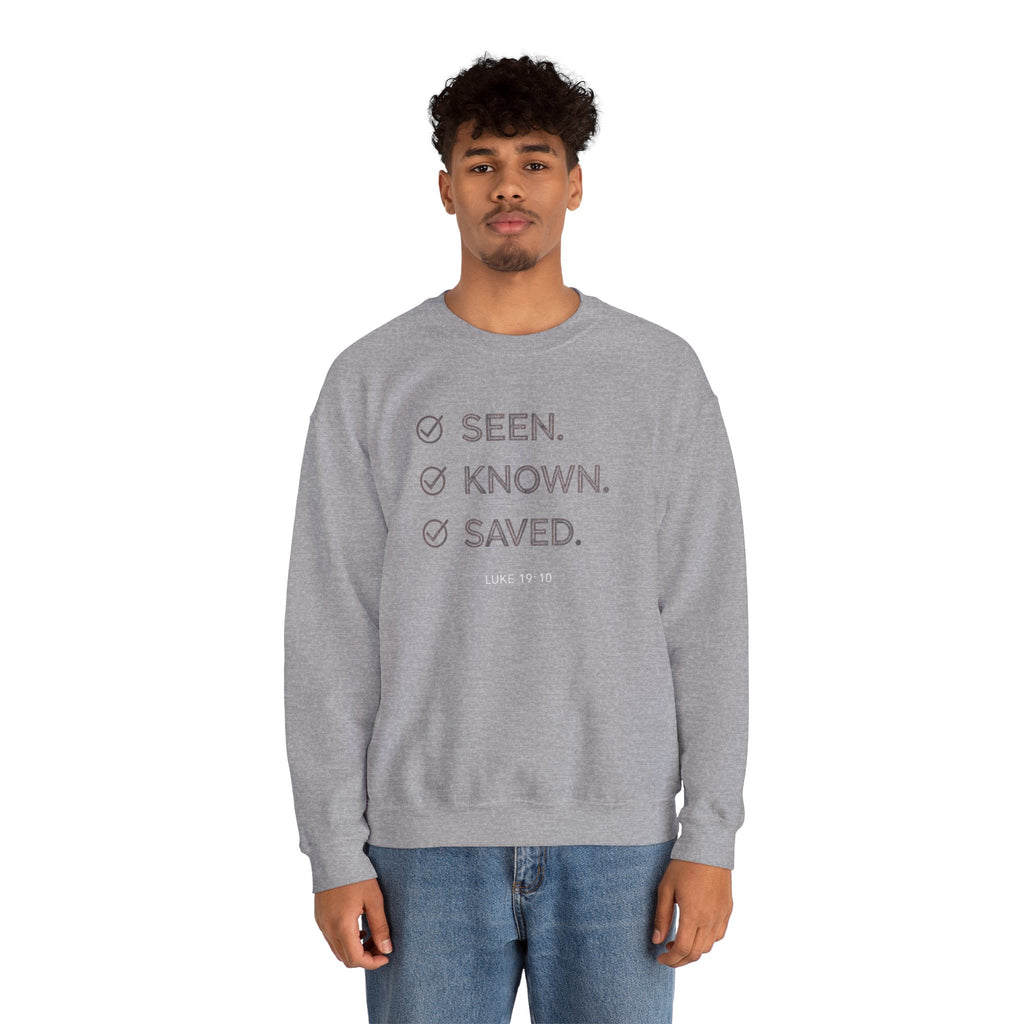 Christian Crewneck Sweatshirt "Seen Known Saved" Pullover, Gospel Faith Message Apparel, Inspirational Religious Sweatshirt