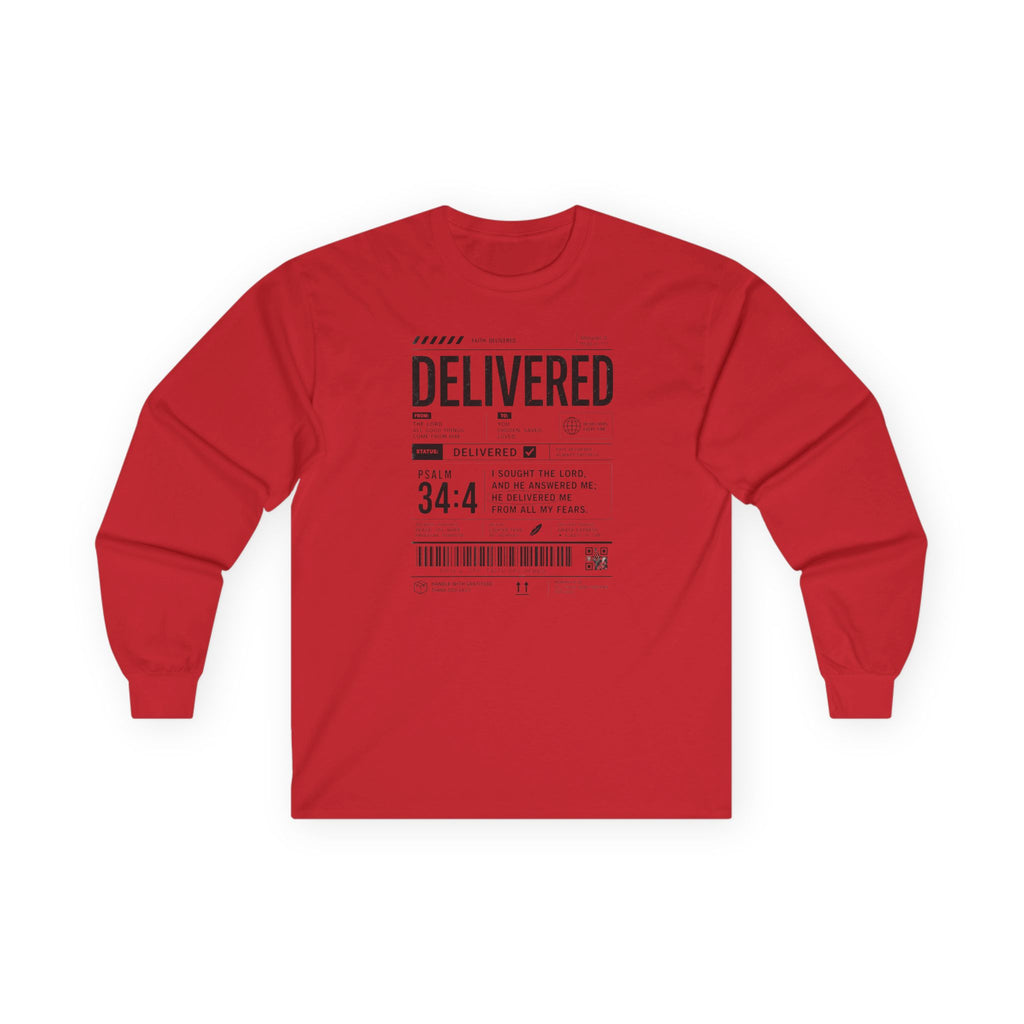 Long Sleeve Christian Tee — 'Delivered' Shipping Label Graphic