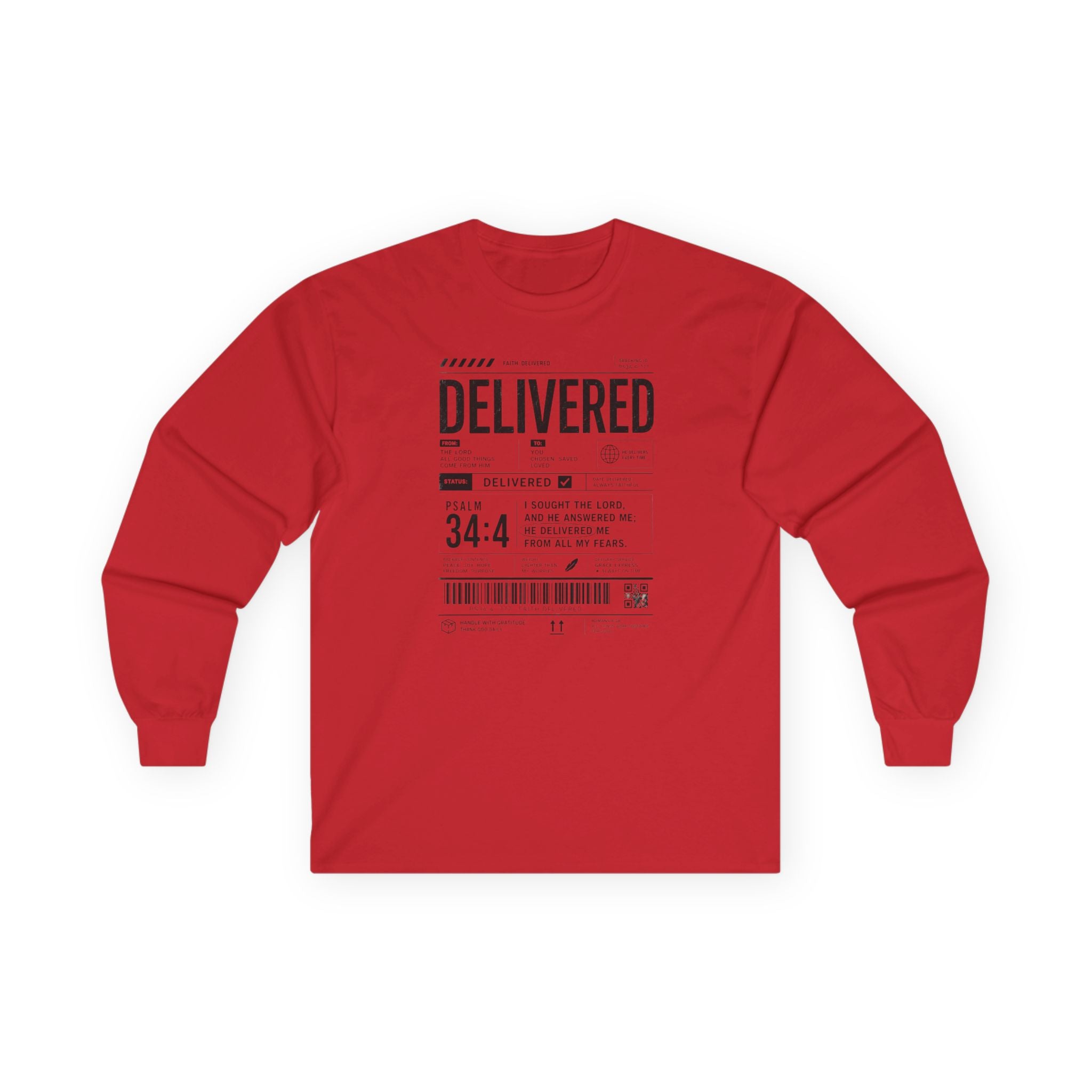 Long Sleeve Christian Tee — 'Delivered' Shipping Label Graphic