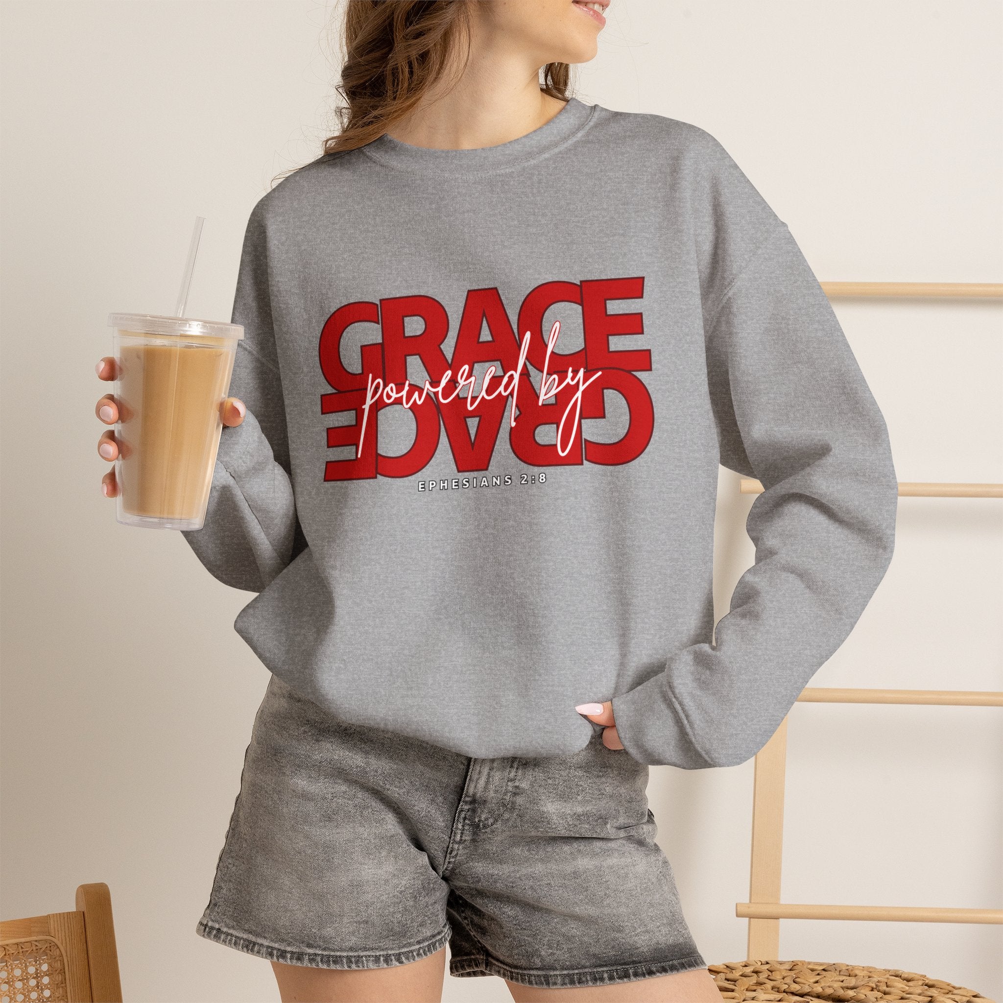 Crewneck Sweatshirt — "Grace Powered By God" Christian Faith Pullover (Ephesians 2:8)
