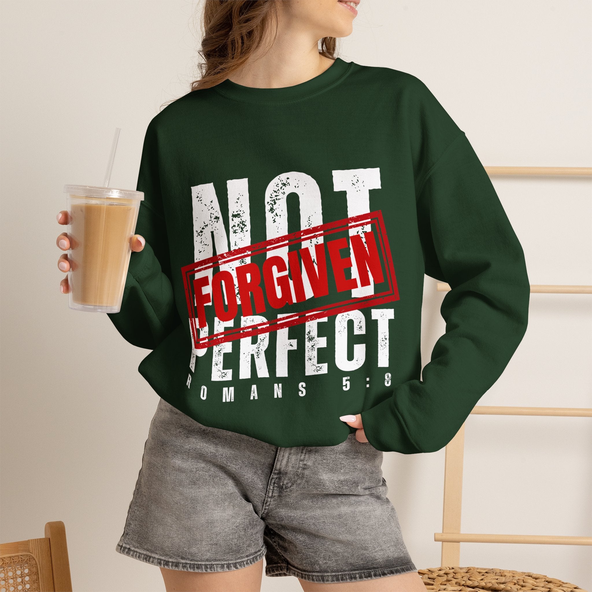 Christian Crewneck Sweatshirt — "Not Perfect, Forgiven" (Romans 5:8)