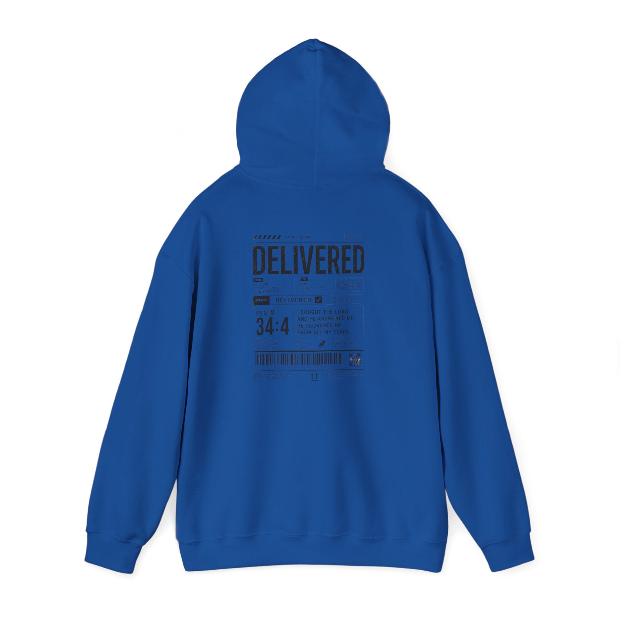Christian Graphic Hoodie 'Delivered' Shipping Label Pullover, Faith-Based Streetwear Sweatshirt