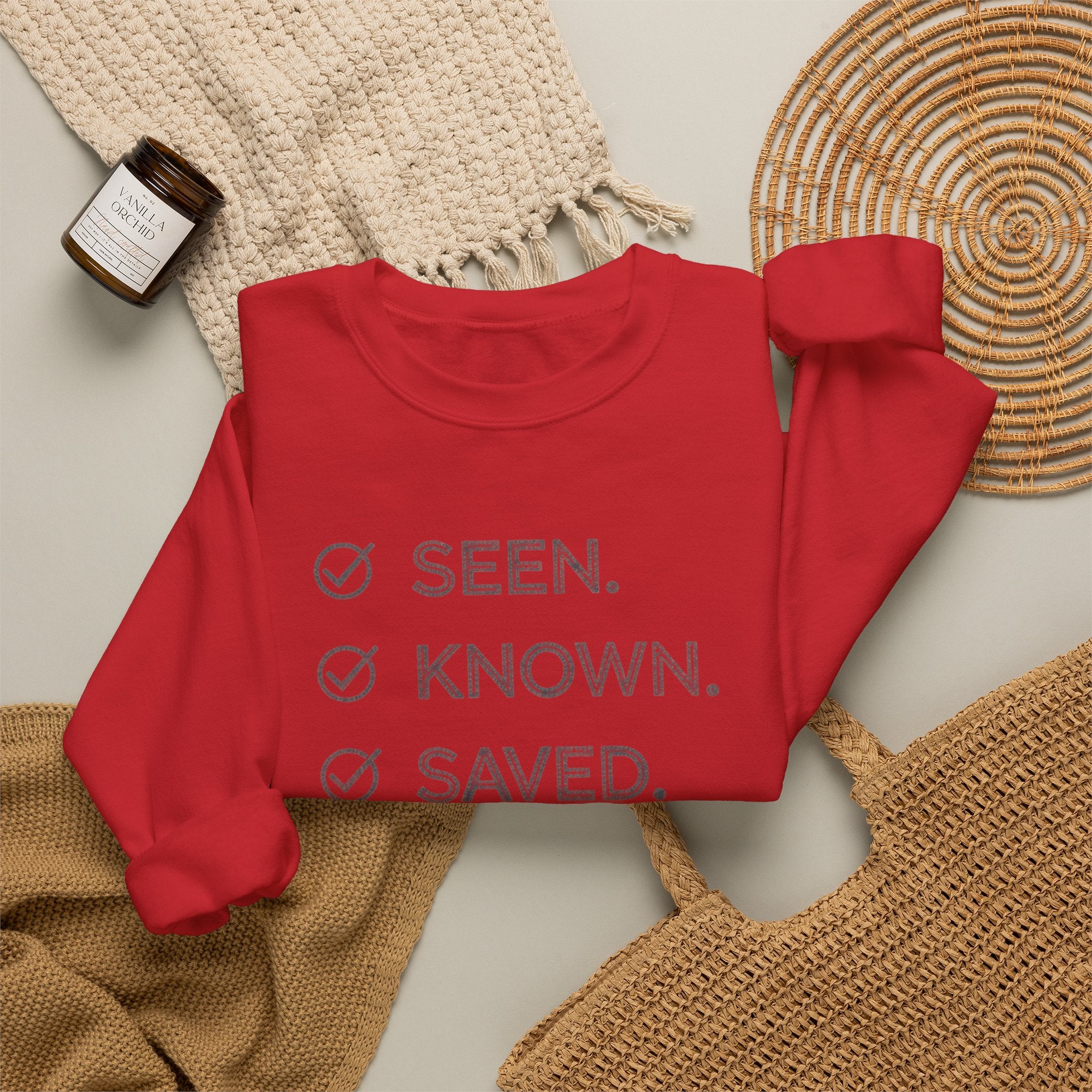 Christian Crewneck Sweatshirt "Seen Known Saved" Pullover, Gospel Faith Message Apparel, Inspirational Religious Sweatshirt