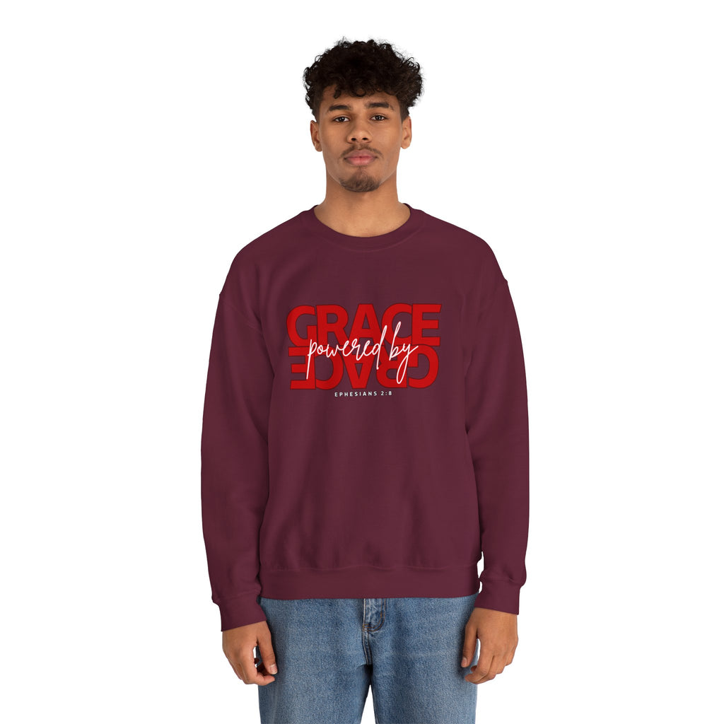 Crewneck Sweatshirt — "Grace Powered By God" Christian Faith Pullover (Ephesians 2:8)