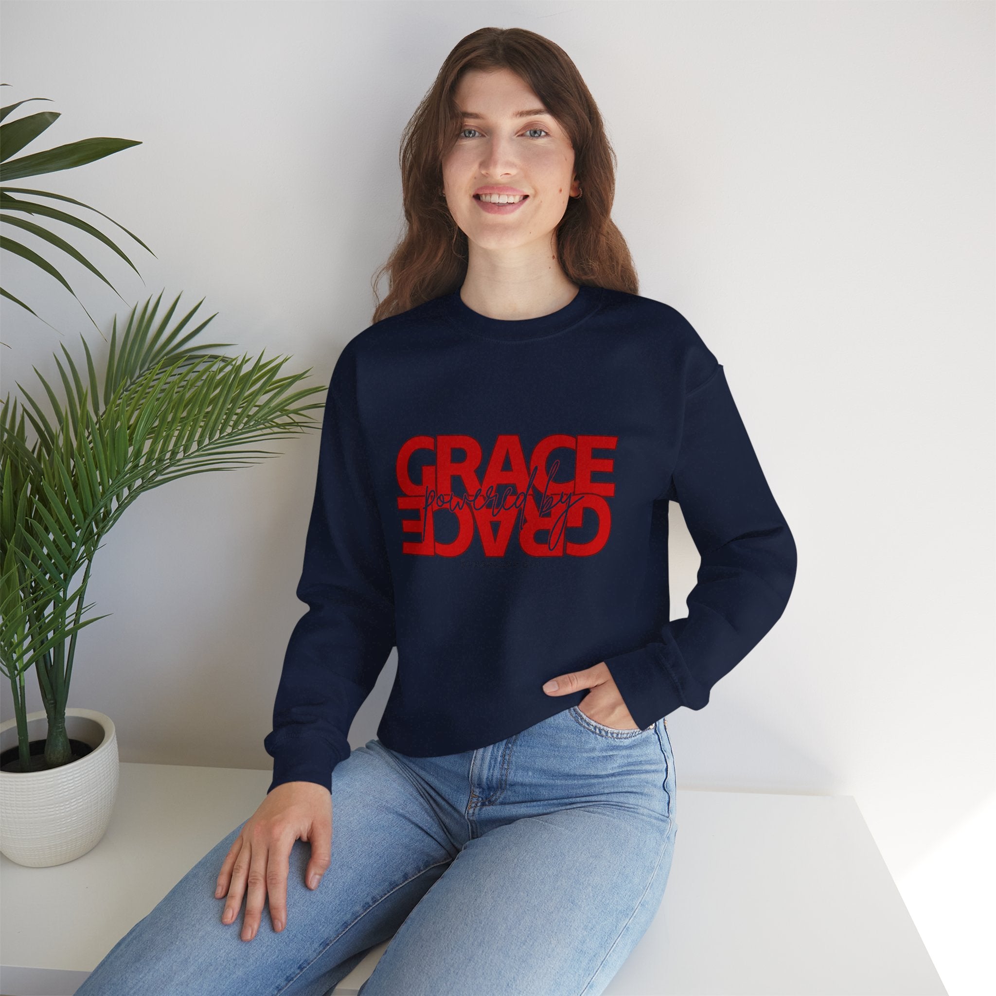 Christian Crewneck Sweatshirt "Grace" Reversed Pullover, Modern Minimalist Faith Apparel, Unique Graphic Scripture Sweater