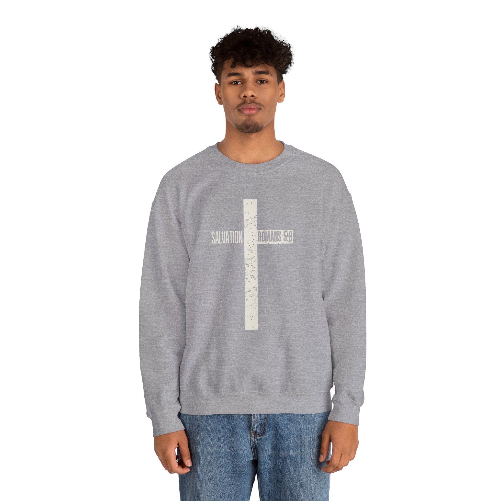Christian Crewneck Sweatshirt "Salvation" Romans 5:8 Pullover, White Cross Graphic Apparel, Rustic Style Faith Sweatshirt